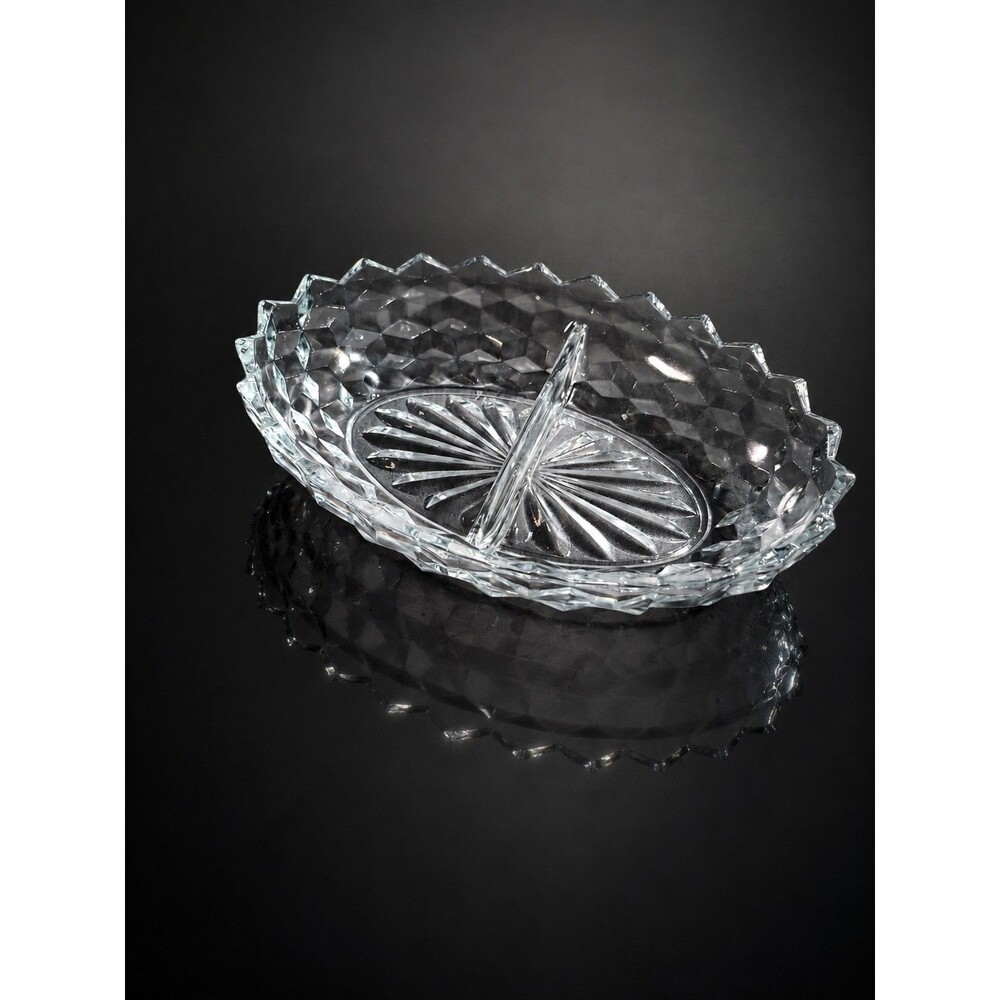 Vintage Clear Cut Glass Divided Serving Dish  Candy Bowl 10"